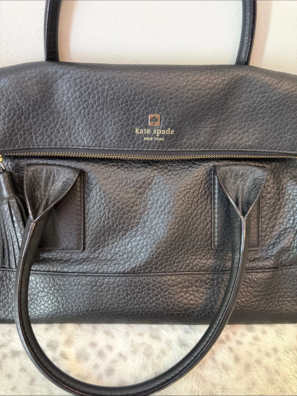kate spade Black Pebbled Leather Top-Handle Satchel with Gold Hardware